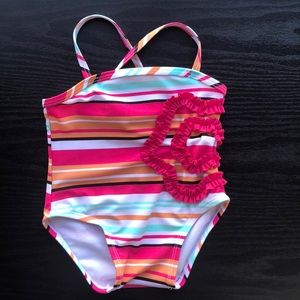 12 mos swim suit with stripes and ruffles